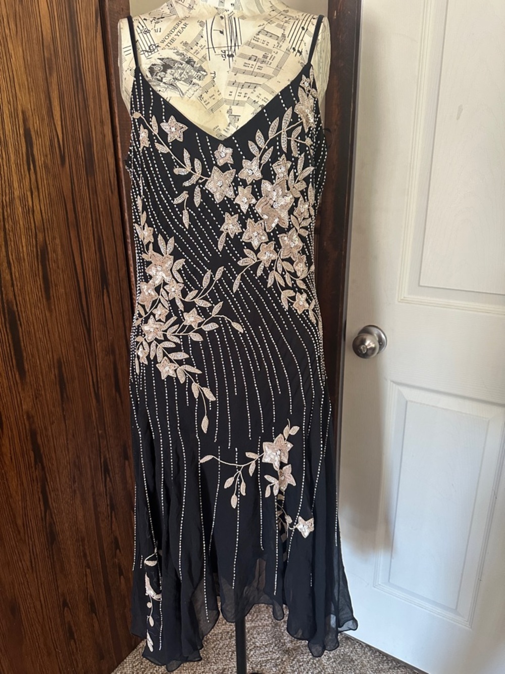 Embellished Black Midi Slip Dress with Blush Floral Appliqué